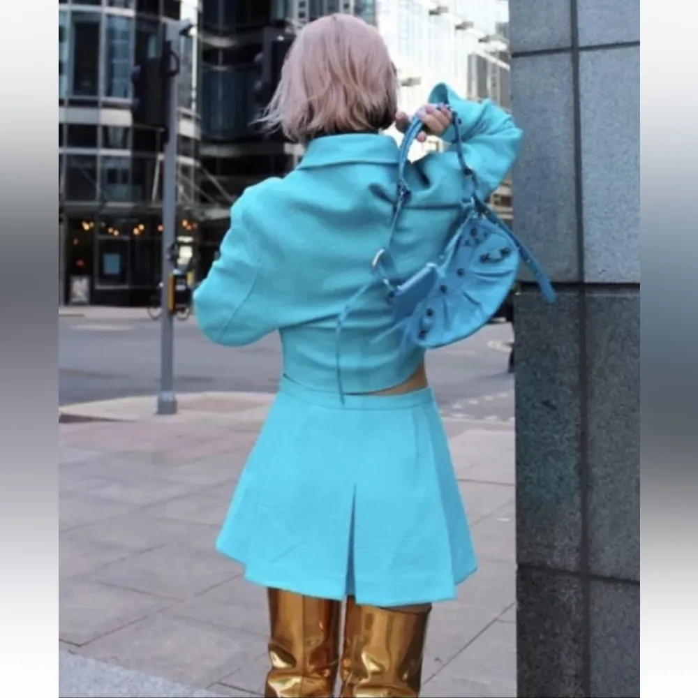 ZARA Cropped Bomber Tweed Weave Textured Zip Jacket Blue Size XS NEW - Image 7