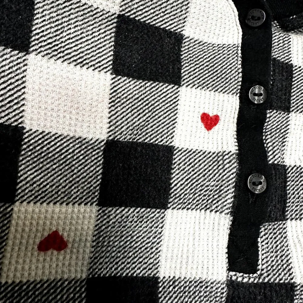 Victoria Secret Thermal Pajama Top V Neck Button Front Gingham Hearts Black S - Image 6