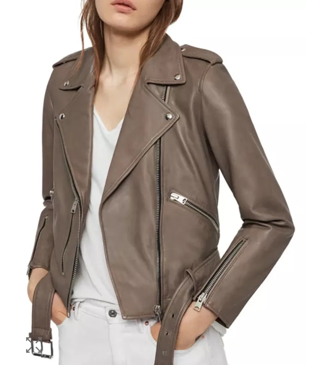 AllSaints Balfern Leather Biker Jacket Women's Size 0 Taupe Moto Fall Edgy - Image 1