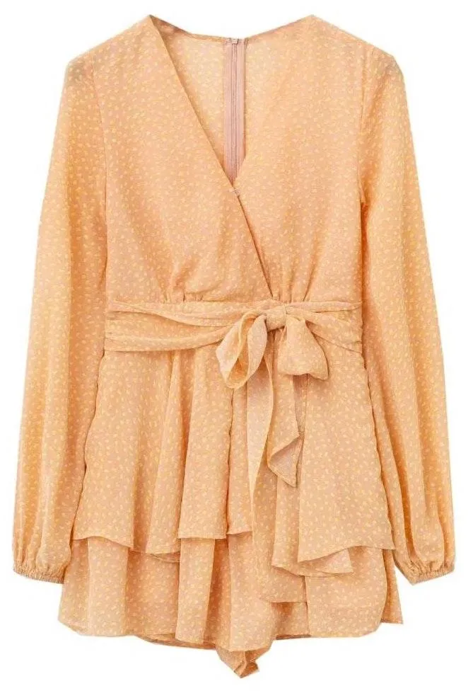Goodnight Macaroon NWT Peach & Yellow Ruffled Romper with Tie - Image 2
