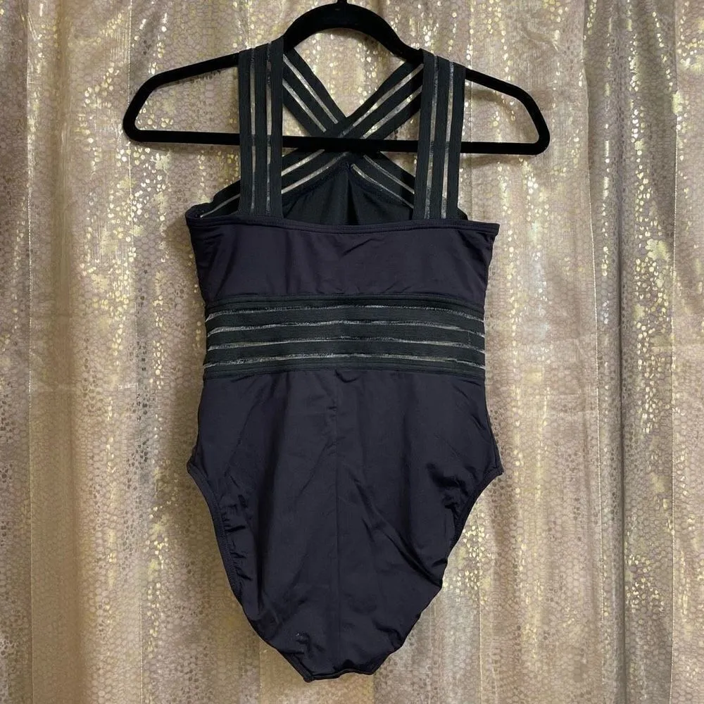 Kenneth Cole Black One Piece Cross Neck Illusion Striped One Piece Swimsuit, M - Image 3