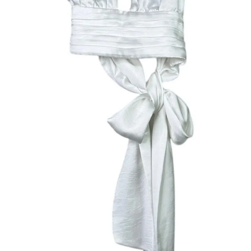 Zara Satin Effect Drape Halter Plunge Neck Line Open Back Tie Crop Top White S - Image 4