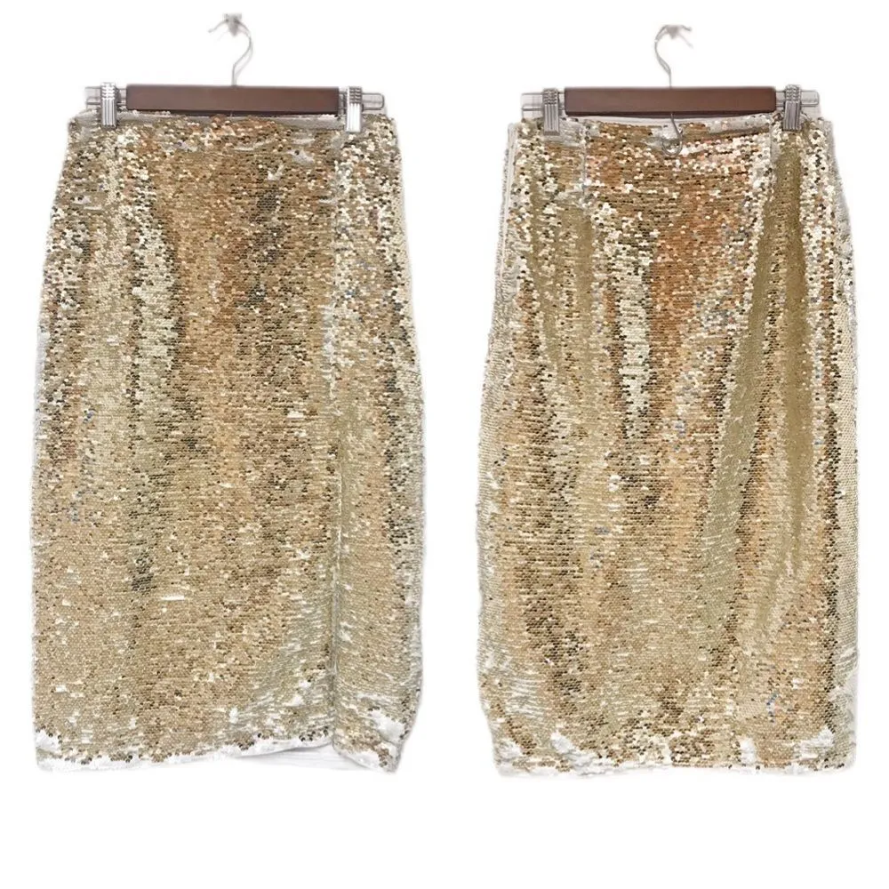 CHELSEA & VIOLET Silver Gold Full Sequin Midi Pencil Skirt Metallic‎ Size 8 10 - Image 4
