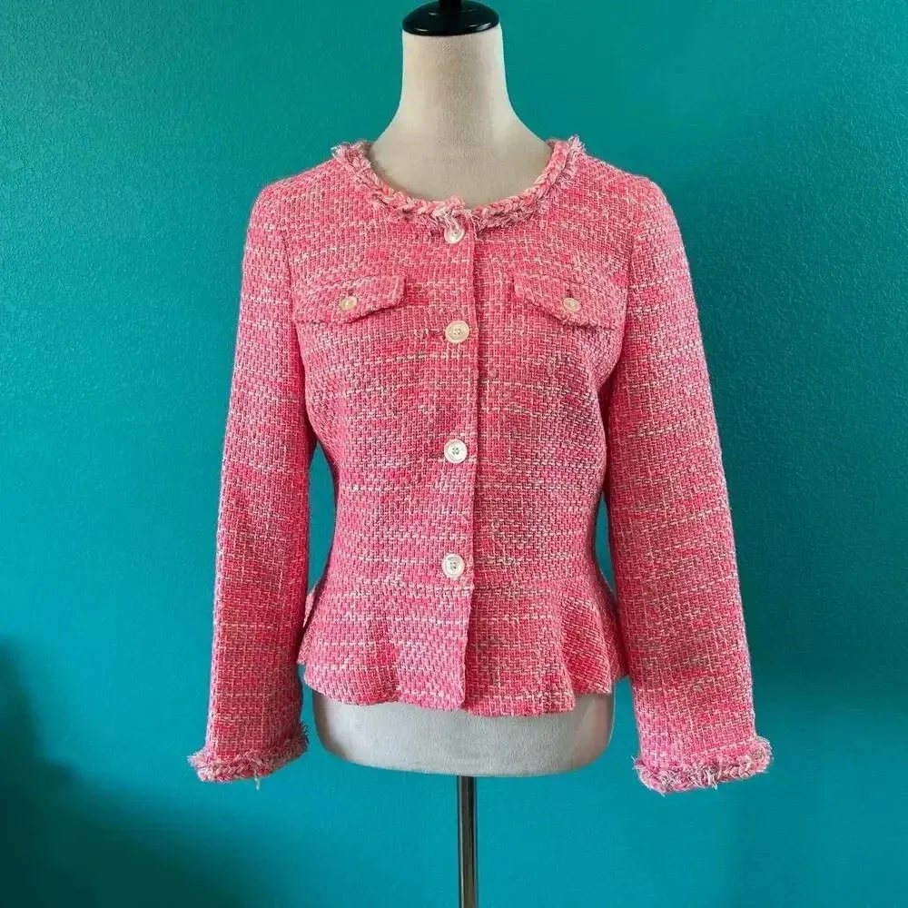 J. CREW Peplum Tweed Jacket Neon Fuchsia Classic Fit Size 4 Pink - Image 2