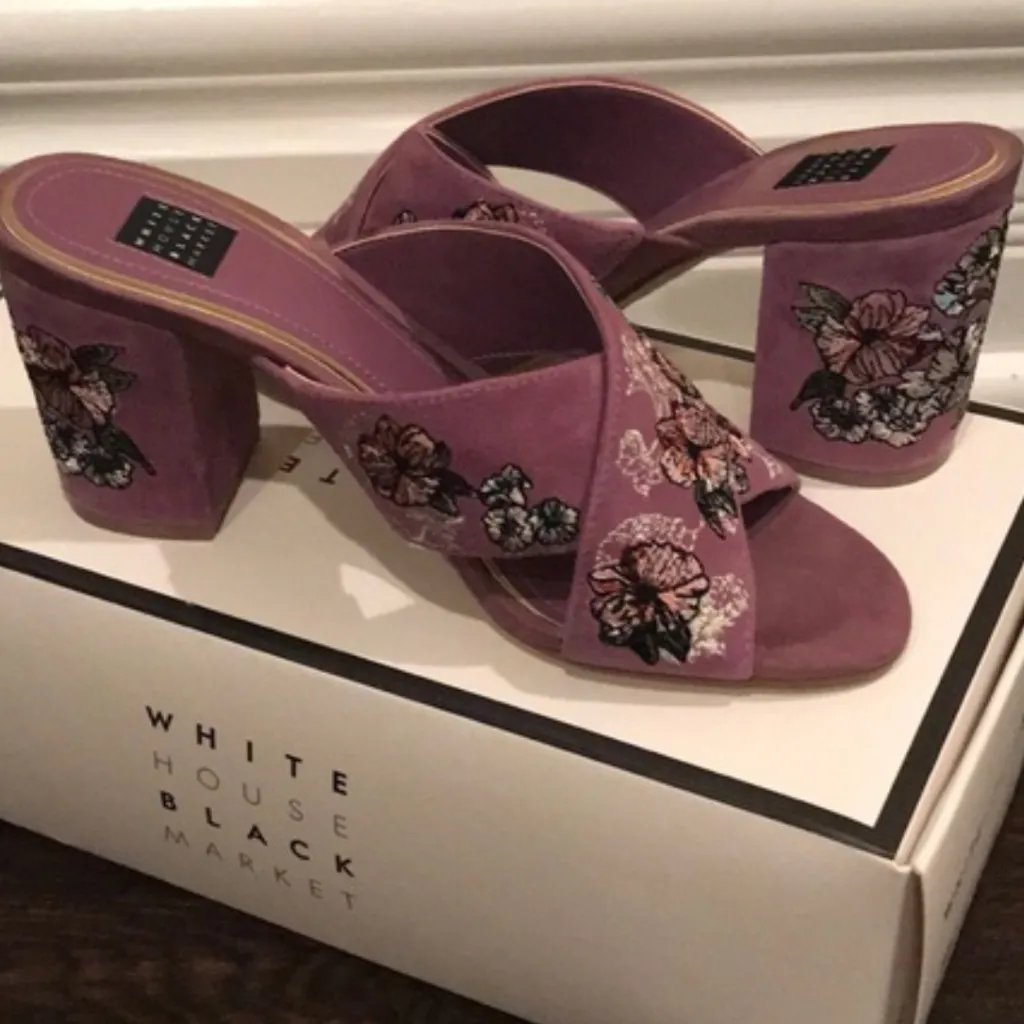 WHBM Zuri Embroidered Cross Band Suede Mules in Lavender Combo Sz 7 EUC - Image 2