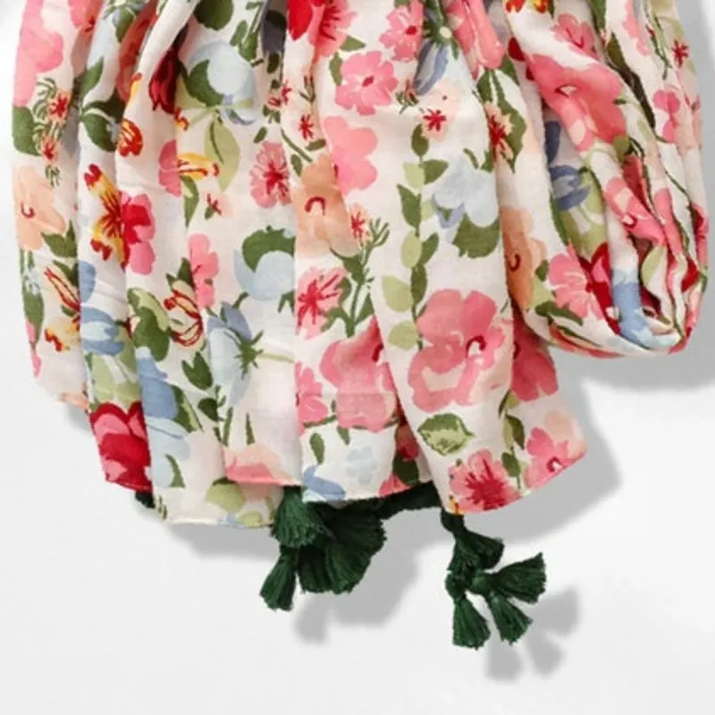 NEW Boho Exotic Floral Design Tasseled Rectangle Soft Chic Scarf L Cream White - Image 9