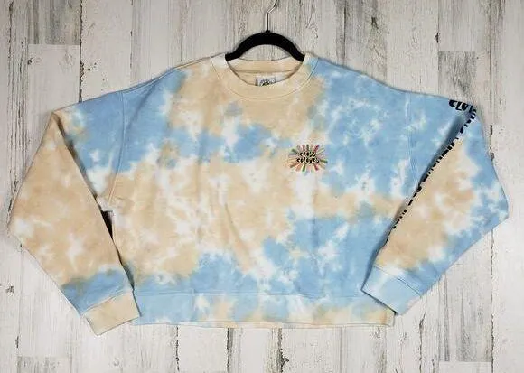 NWT Cross Colours Nordstrom Sunshine Logo Tie Dye Cloud Crop Sweatshirt Size XL Blue - Image 1