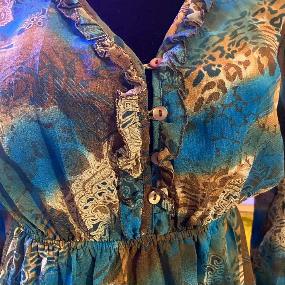 Vintage Y2K Notations Animal Print And Paisley Semi Sheer Boho Fairycore Top Blue Size M - Image 4