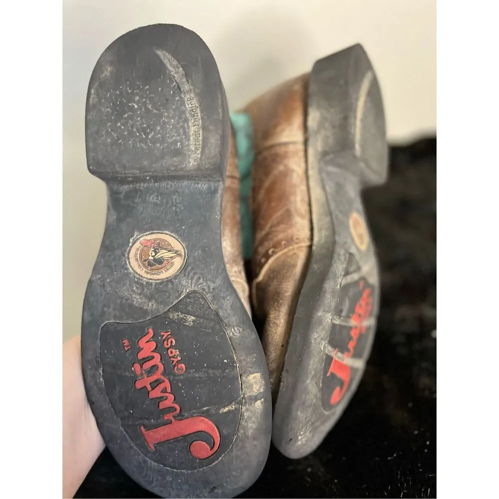 Justin Gypsy Boots Roper Style Womens 10 B Waterproff Round Toe Brown & Teal - Image 4