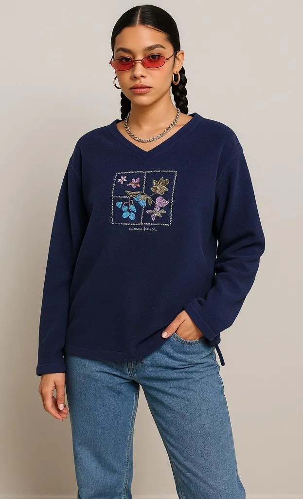 Northern Reflections Navy Embroidered Fleece Pullover Women’s L/XL 90s Vintage - Image 1