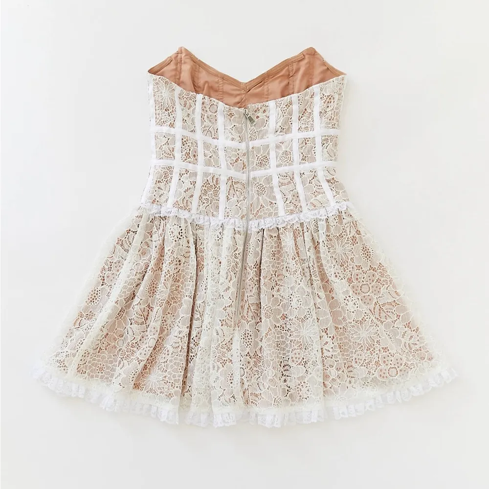For Love & Lemons Jelena White Tan Lace Strapless Mini Dress Women’s Size Medium - Image 14