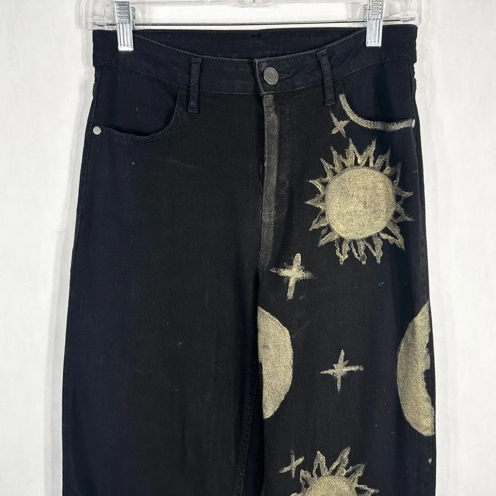 Time Tru Sz 4 Jeans Black Straight Hand Painted Gold Lunar Sun Witch Grunge 1602 - Image 3