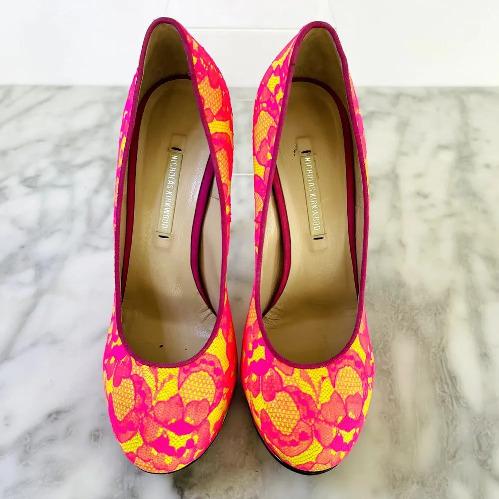 Nicholas Kirkwood Neon Pink Yellow Lace Platform 36.5 Pump 80's Bright Dance Y2K Size 5.5 - Image 3