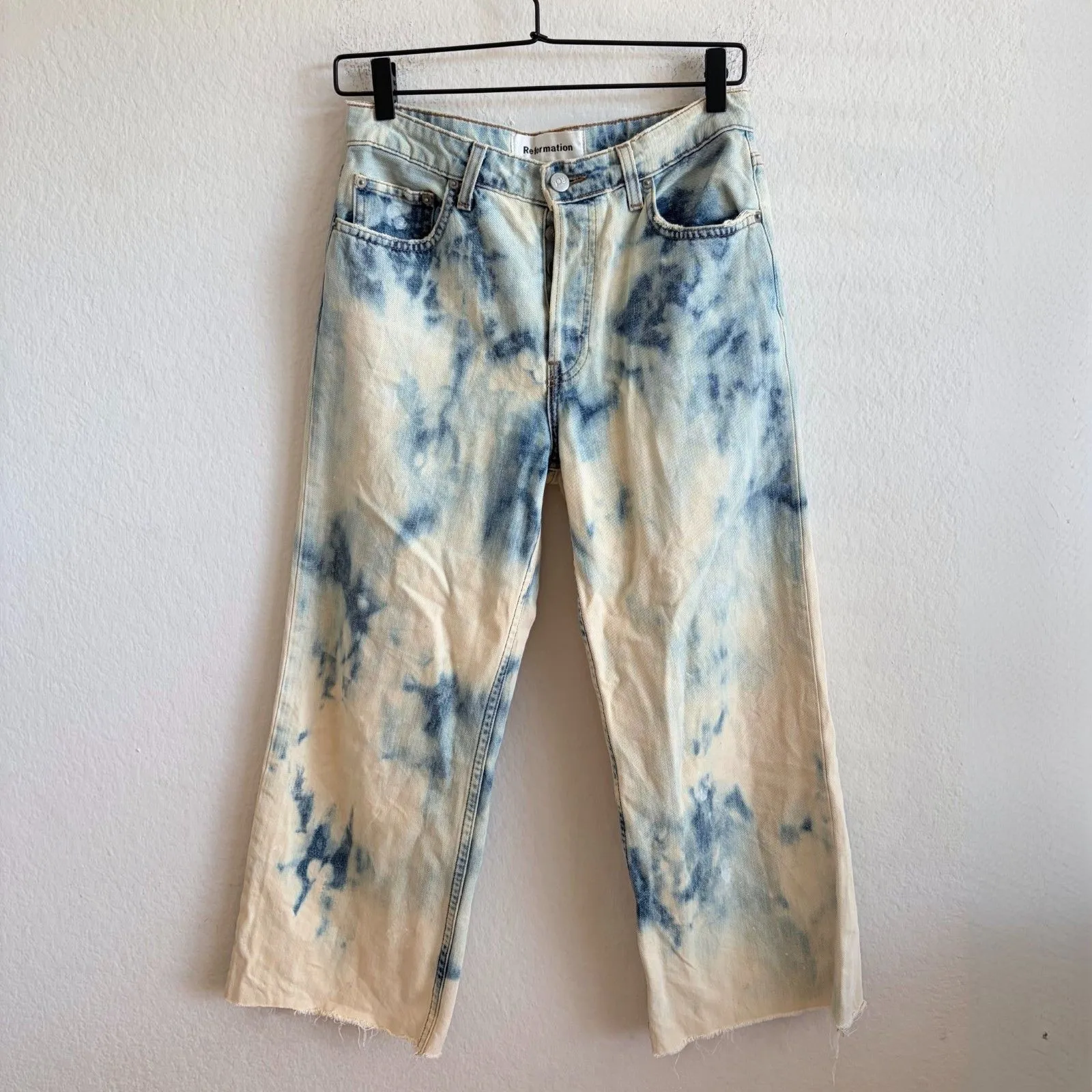 REFORMATION Tie-Dye Blue Cream Petite Wide Crop Denim Jeans Womens 27 Grunge - Image 2