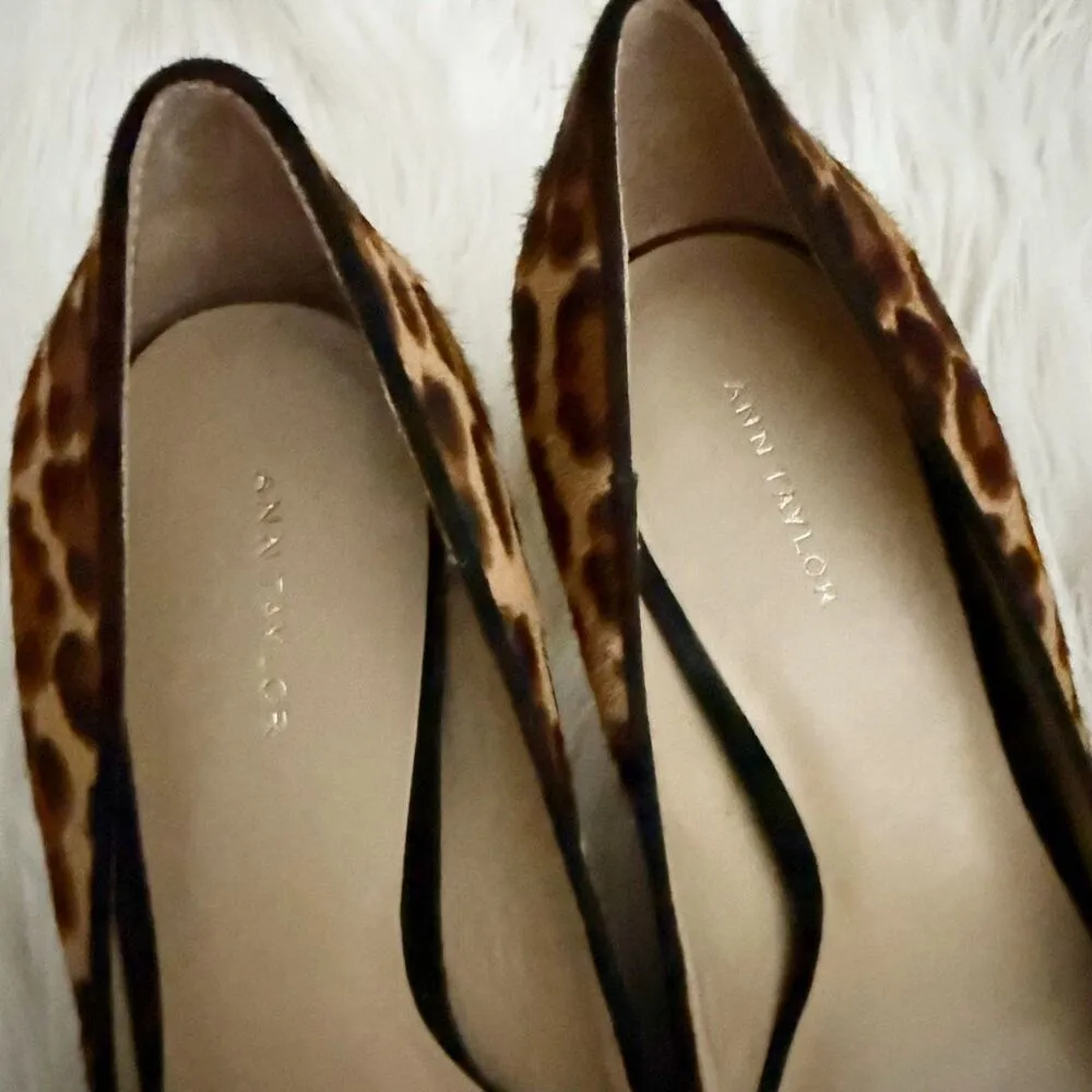 ANN TAYLOR | Mila Leopard Print Calf Hair Pumps Stiletto Heels Brown Black | 8 - Image 4