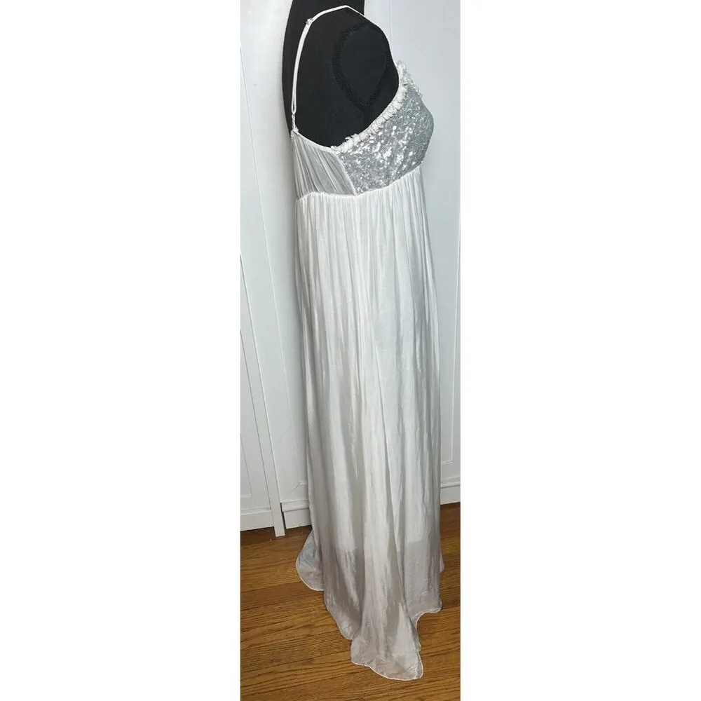 Scandal Women’s Italy White Silver Sequin Dress‎ With Straps Silk Blend Sz Small - Image 9