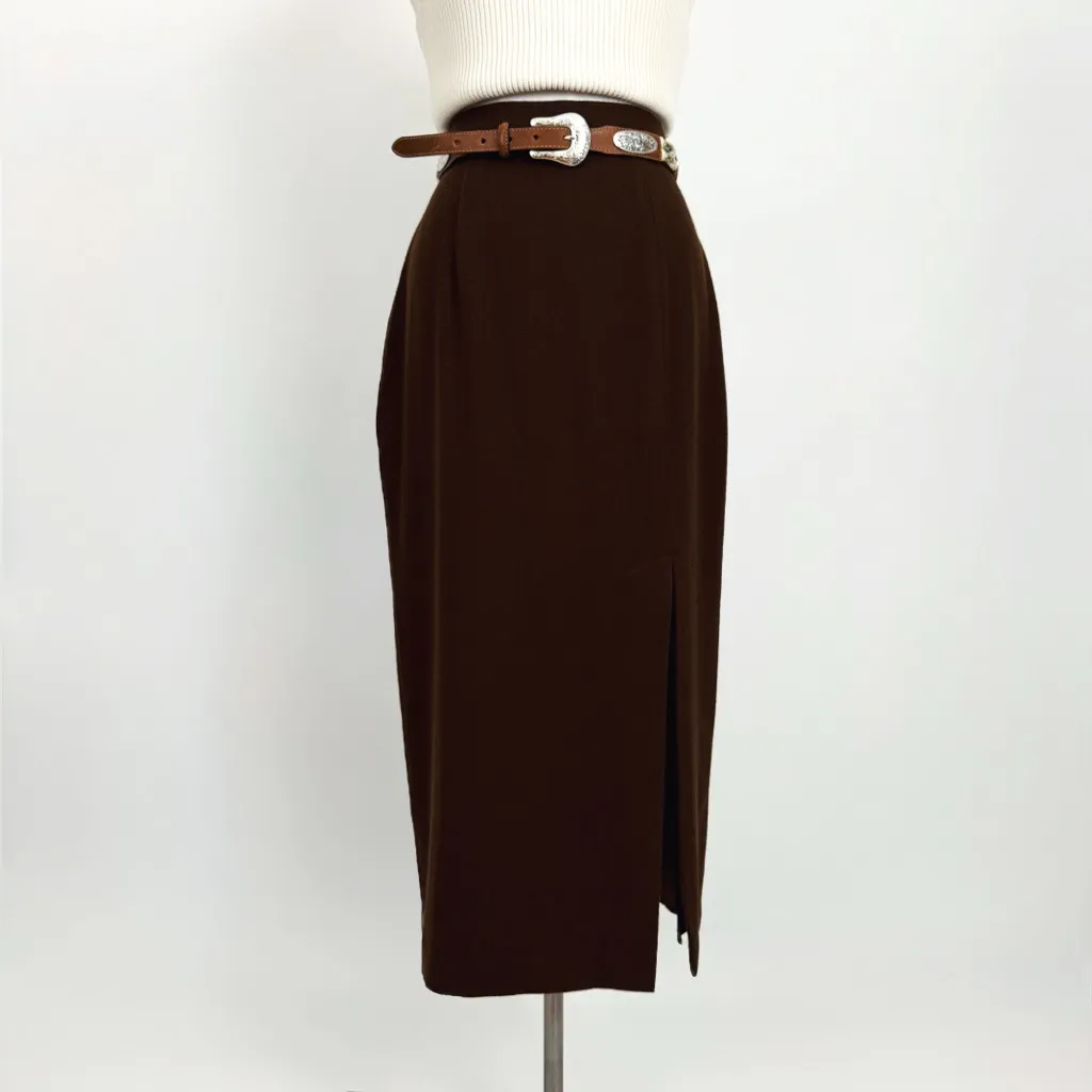 Vintage 80’s Pure Wool Split Hem Midi Skirt in Brown | Size XS/S - Image 2