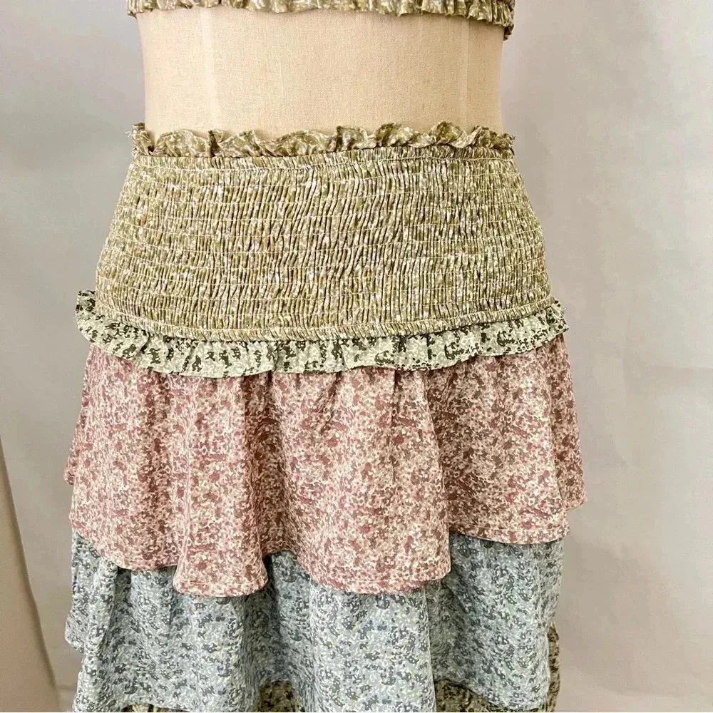 Storia Color Block Tiered Maxi Skirt Floral Smocked Waist Olive Multi Lined - Image 6