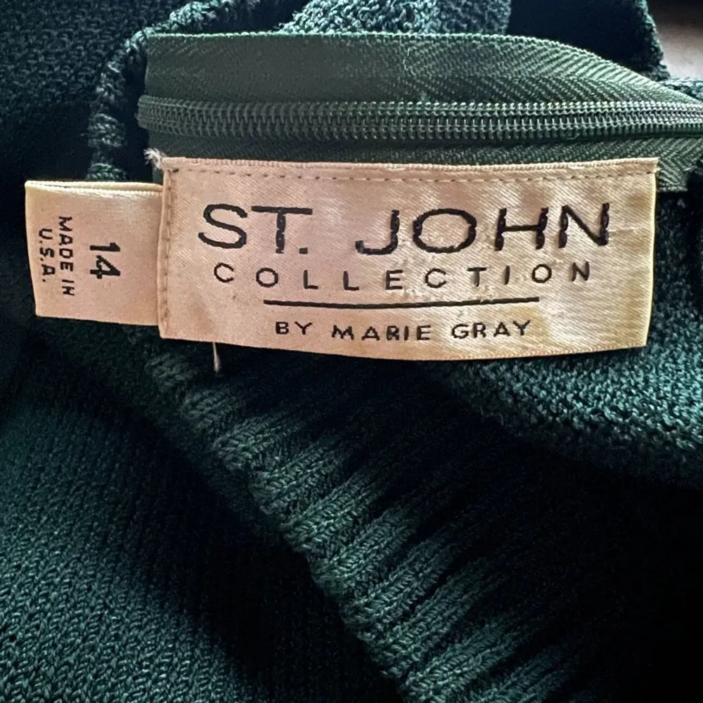 VTG St John Dark Green Knit Sweater Leather Epaulettes Shoulder Detail Size 14 - Image 6
