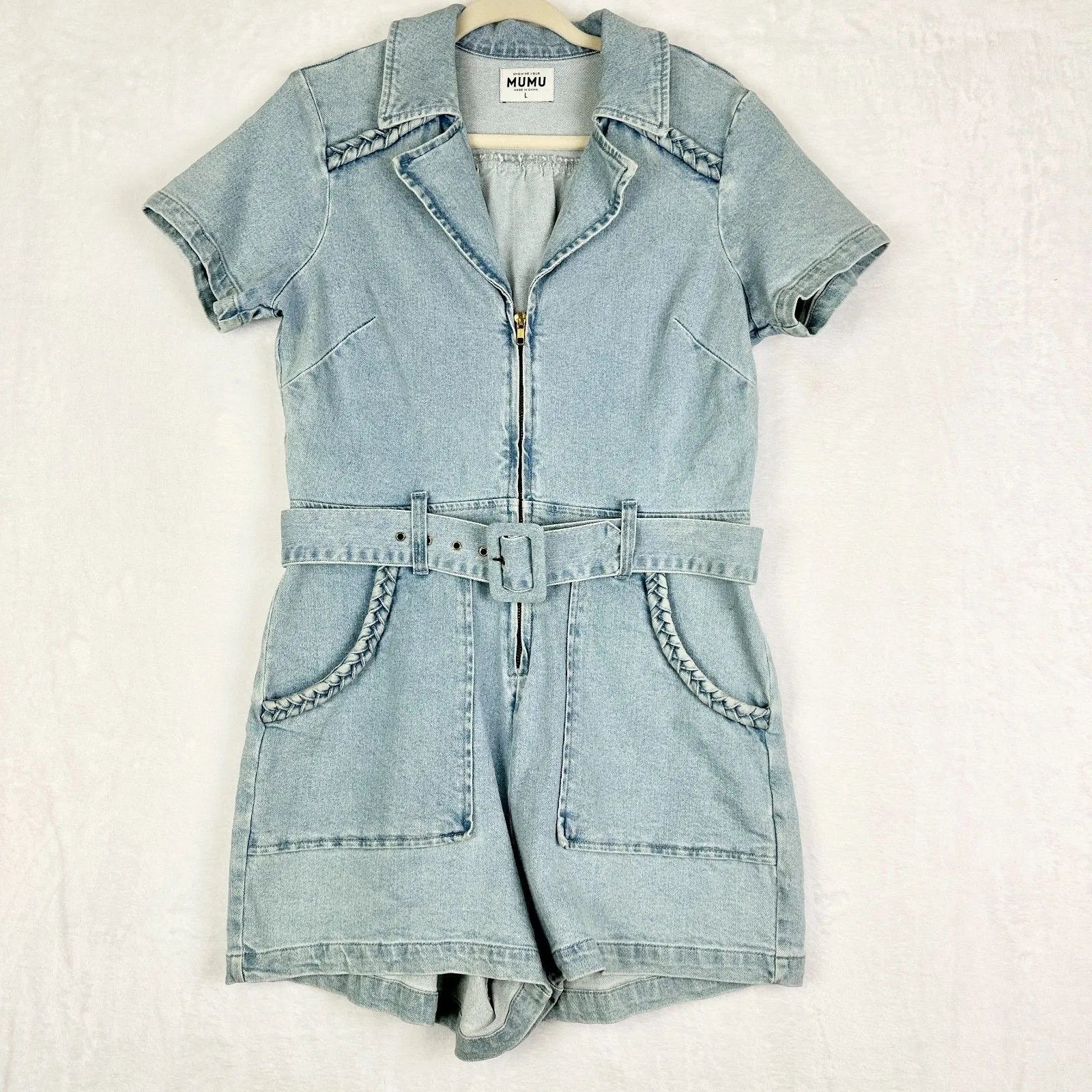 Show Me Your Mumu Outlaw Romper Size Large Light Tide Denim Western Boho Belted - Image 6
