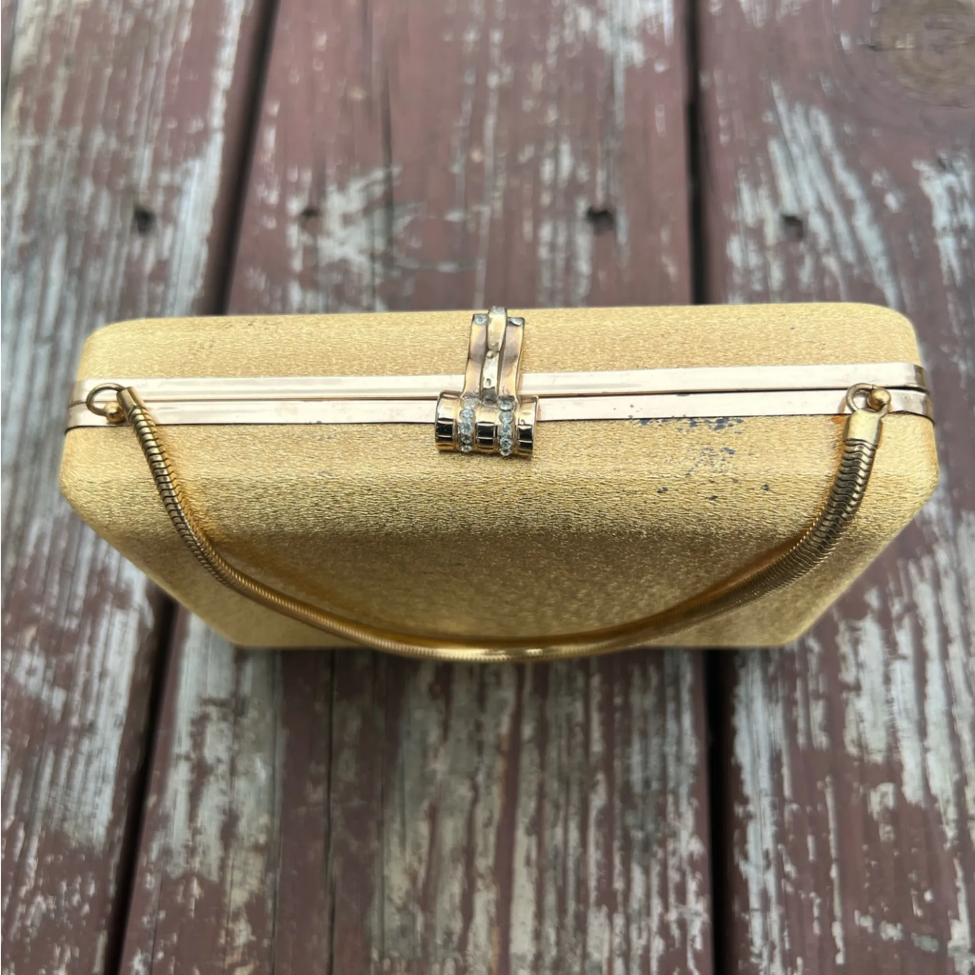 Vintage Women’s Volupte Hard Shell Lined Evening Purse/Bag W/Rhinestone Clasp Gold - Image 2