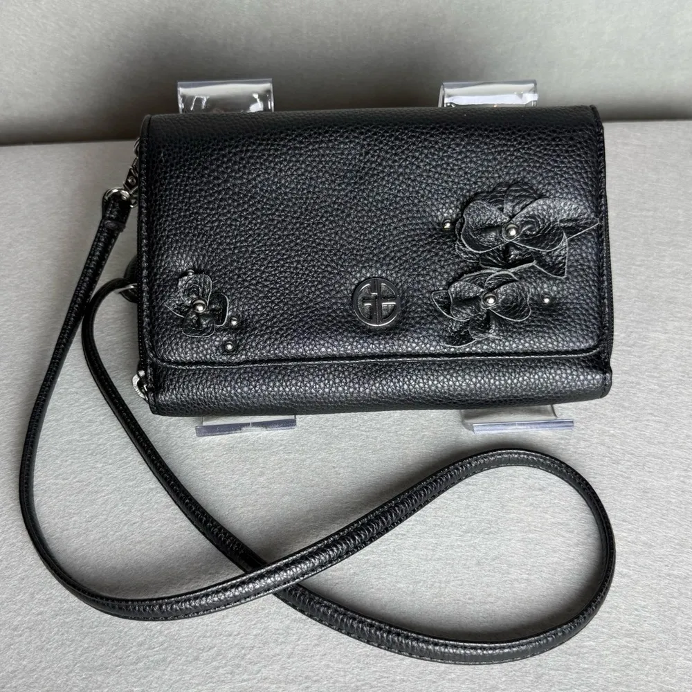 Giani Bernini Rosette Wallet Crossbody Black Faux Leather Crossbody Floral - Image 2