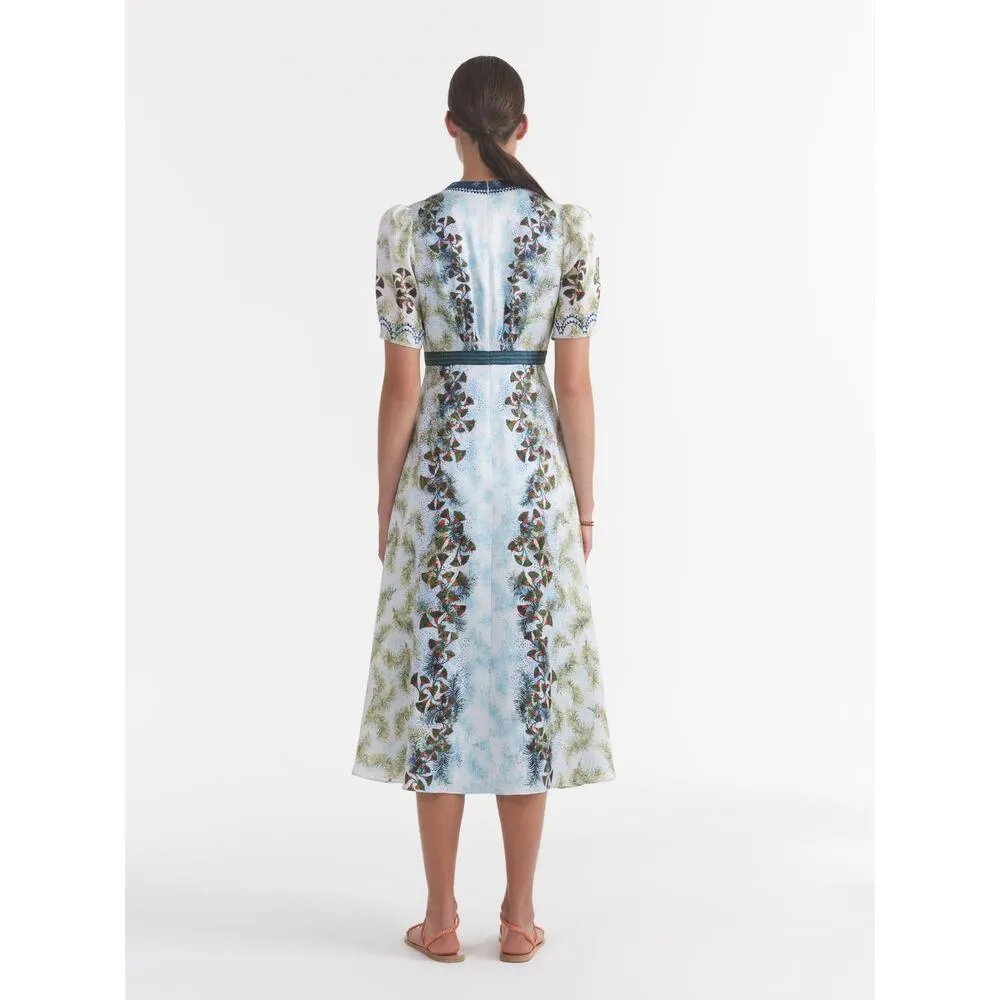 SALONI Blue White Floral Tabitha Feather Papyrus 100% Silk Midi Dress Size US 0 - Image 3