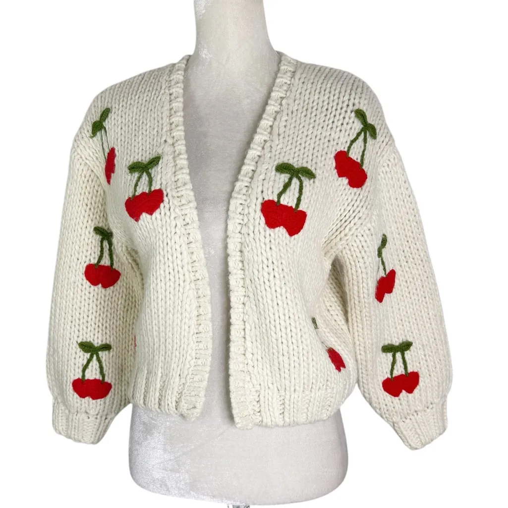 Forever 21 Cherry Chunky Knit Cardigan Sweater Size XS Women 9/10 KIDS - Image 5
