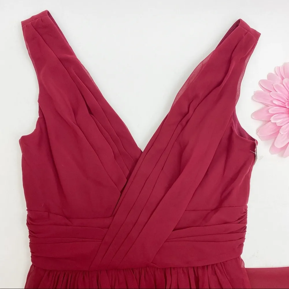 Dessy Collection Shirred Sleeveless Draped Chiffon Maxi Dress Gown: Burgundy Size 4 - Image 9