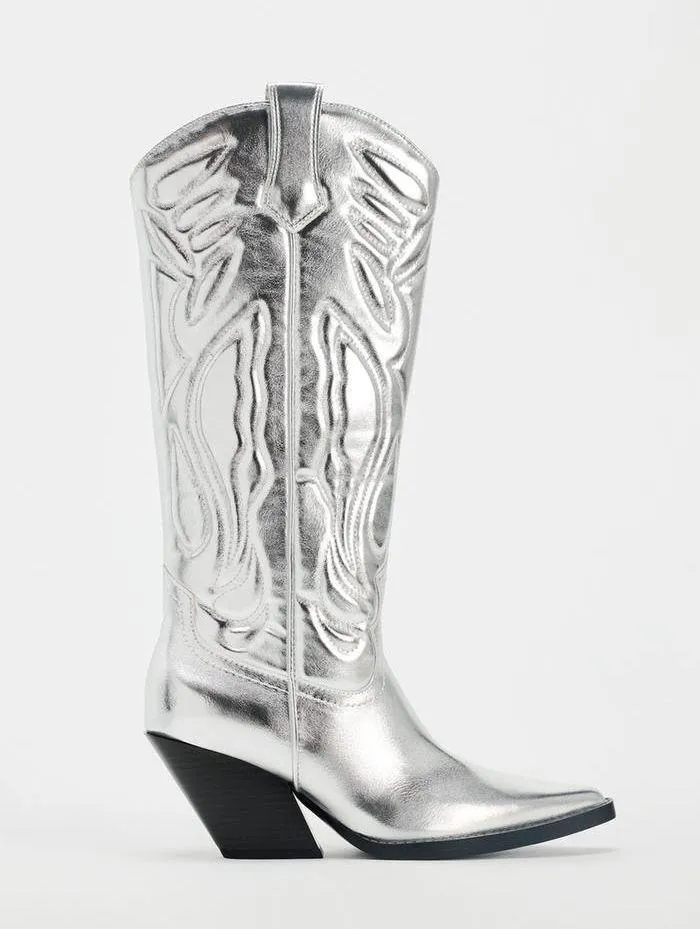 Cowboy Boots Mid Calf Metallic Silver Western Boots - Image 2