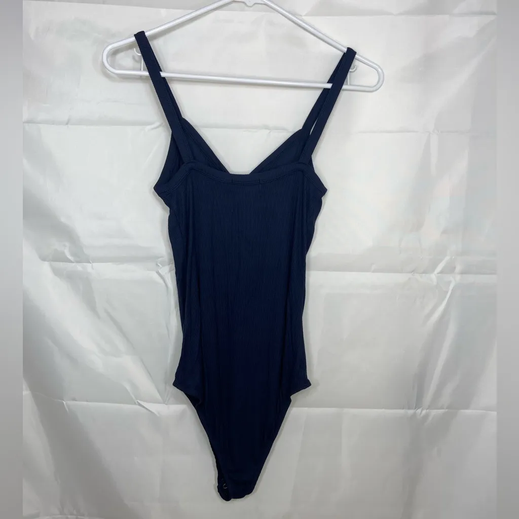 Popular 21 women’s dark blue ribbed button snap thin strap bodysuit stretch S‎ - Image 6