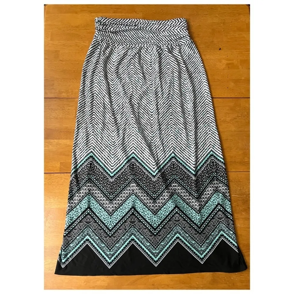AB Studio Turquoise ZigZag Design‎ Pull On Stretch Column Maxi Skirt, Size XL - Image 2