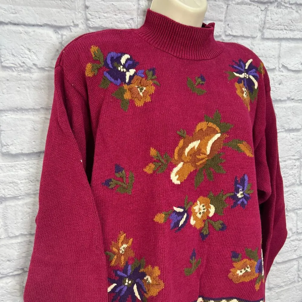 Vintage 90s Leslie Fay Mock Neck Sweater Size L Maroon Red Floral Embroidered - Image 2