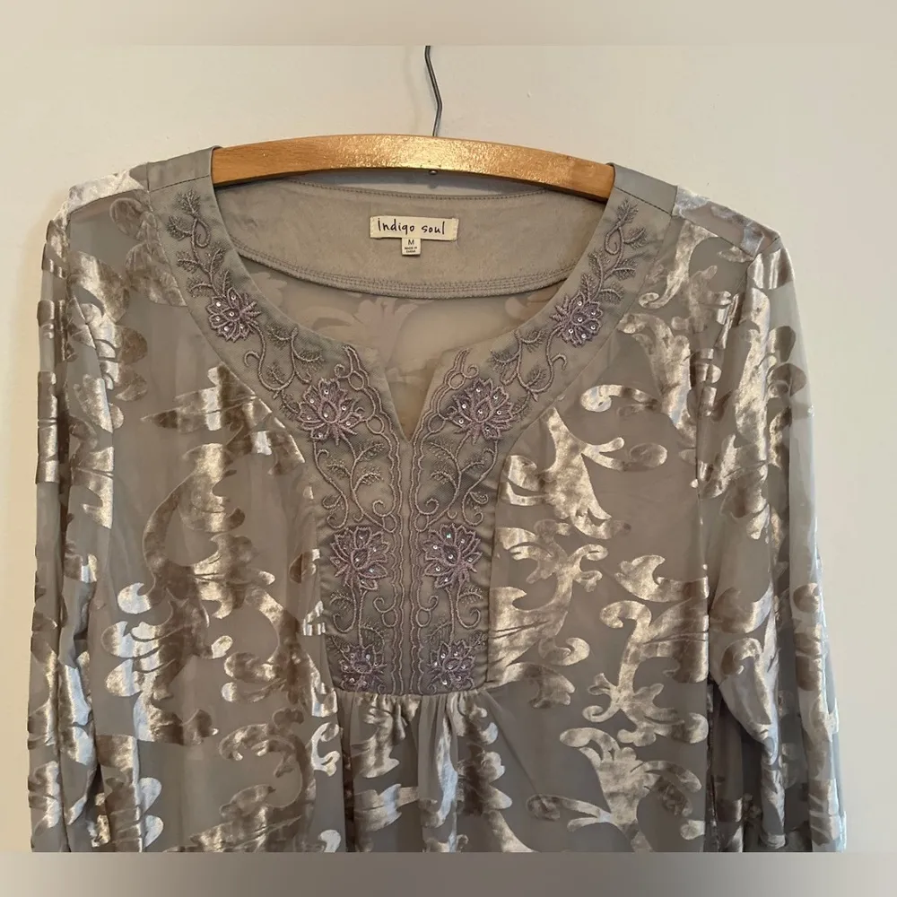 Velvet Burnout Tunic Top Taupe Embellished Boho Holiday Festival - Image 3
