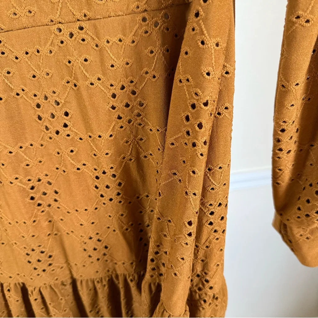Brown Eyelet Lace Small Midi Dress Long Sleeve Prairie Boho Romantic Cottage Yellow - Image 3