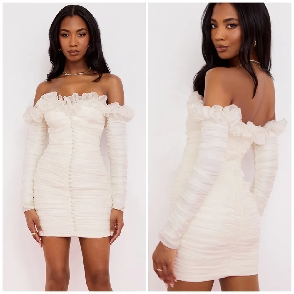 House of CB Astrid Ivory Chiffon Ruffle Bardot Ruched Mini Dress Size L+ - Image 3
