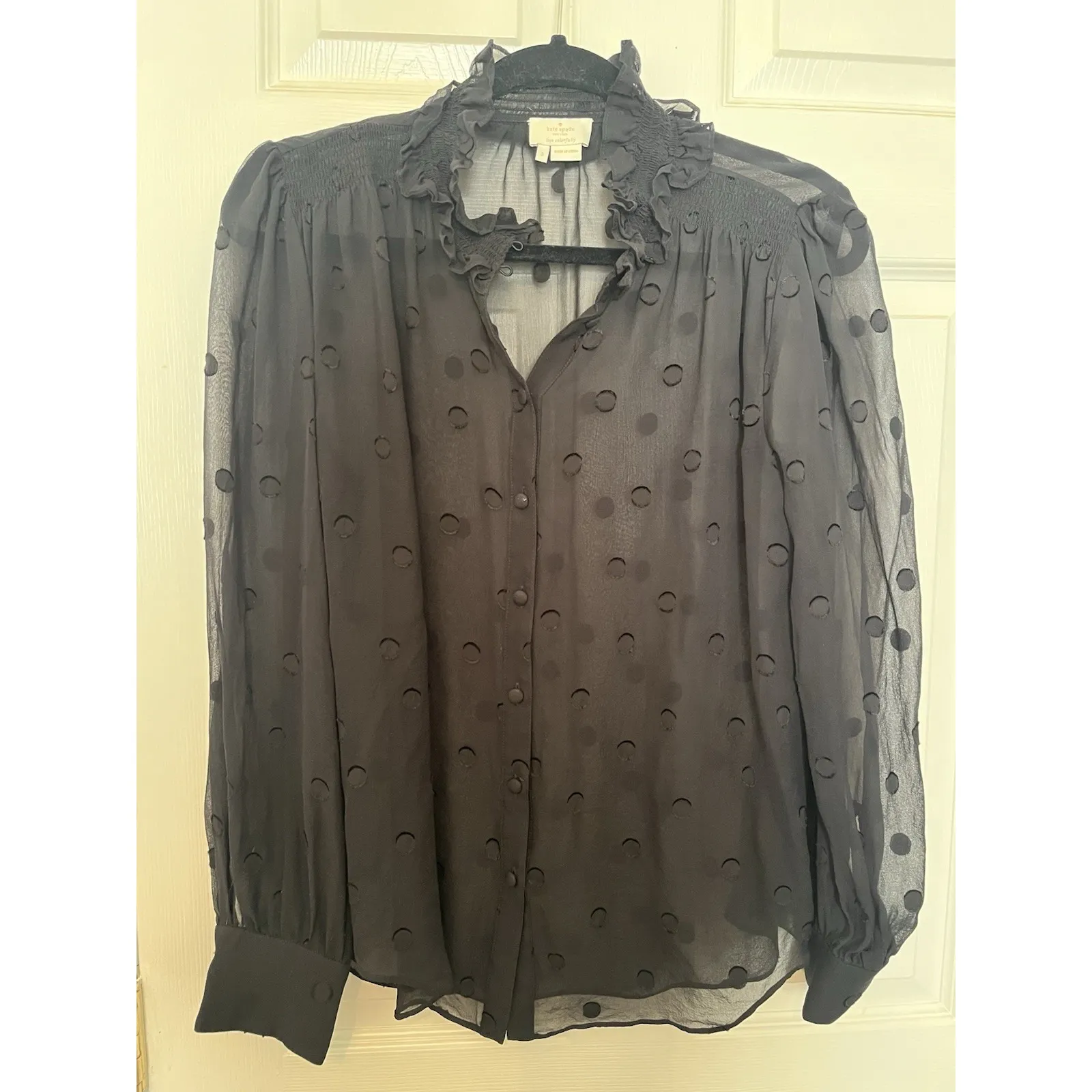 Kate Spade Women's Bakery Dot Devore Blouse Black Size  Small Ruffled Collar - Image 2