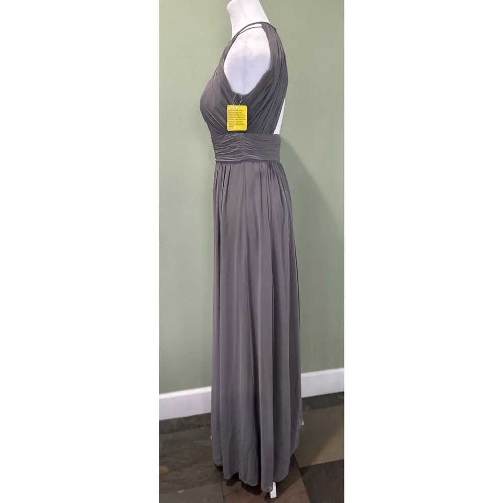 Dessy Collection Dress Sz 4 Halter Maxi Gown Prom Grey Shirred Chiffon Open Back Gray - Image 7