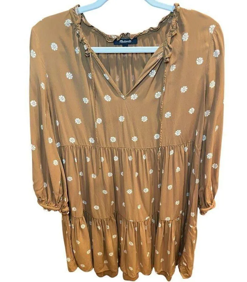 Madewell Women Small Tie-Neck Tiered Mini Dress in Bloom Dot Brown & White Flowy - Image 9