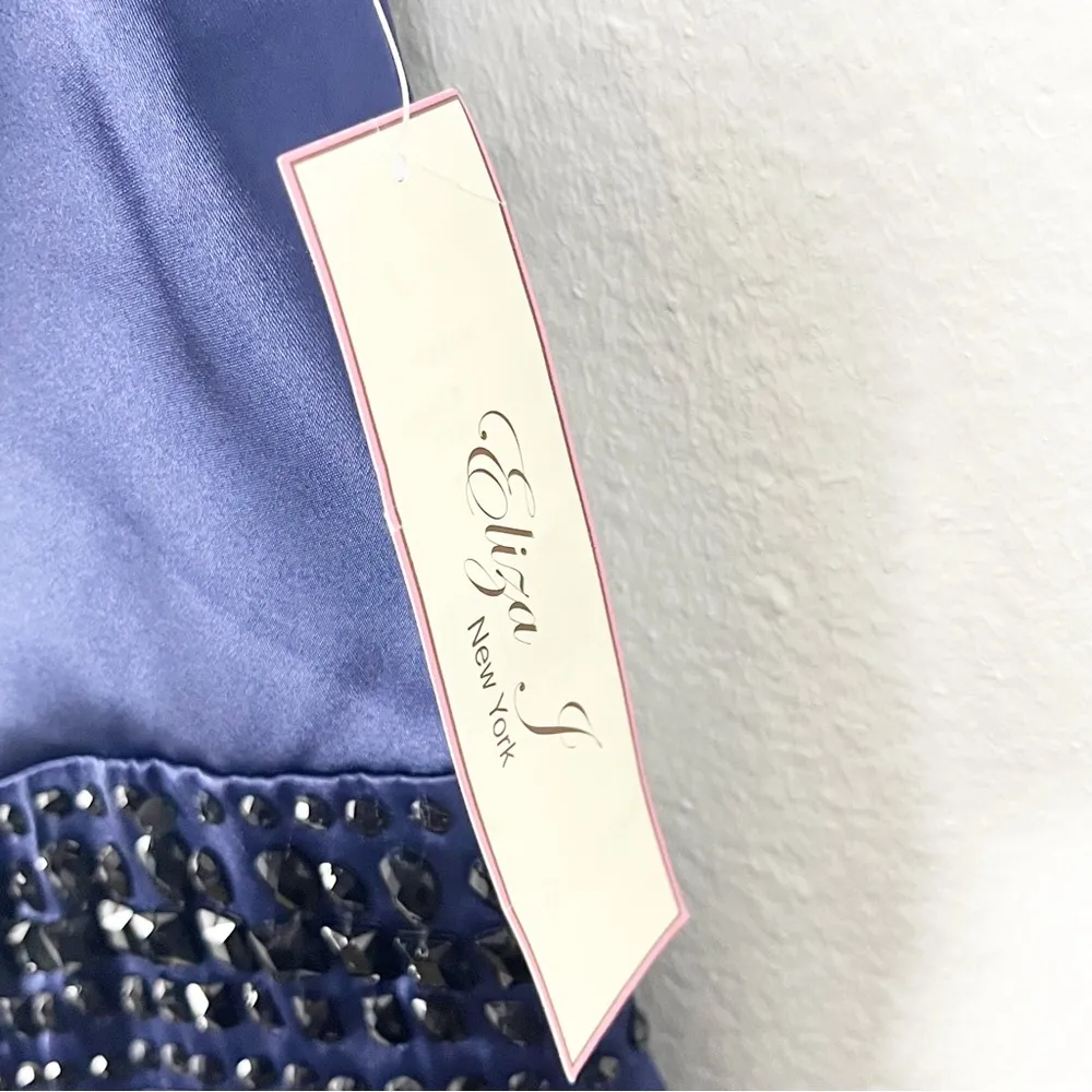 ELIZA J Navy Pleated Skirt Jeweled Waist Draped Neckline Back Zipper Dress 8 - Image 10