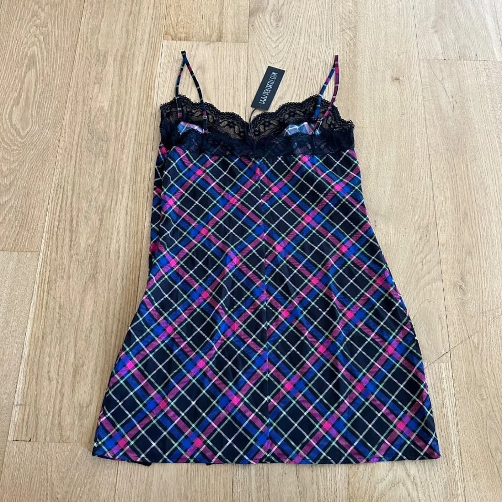 Current Mood Hit A Nerve Plaid Mini Slip Dress in Black, Pink & Blue - Image 4
