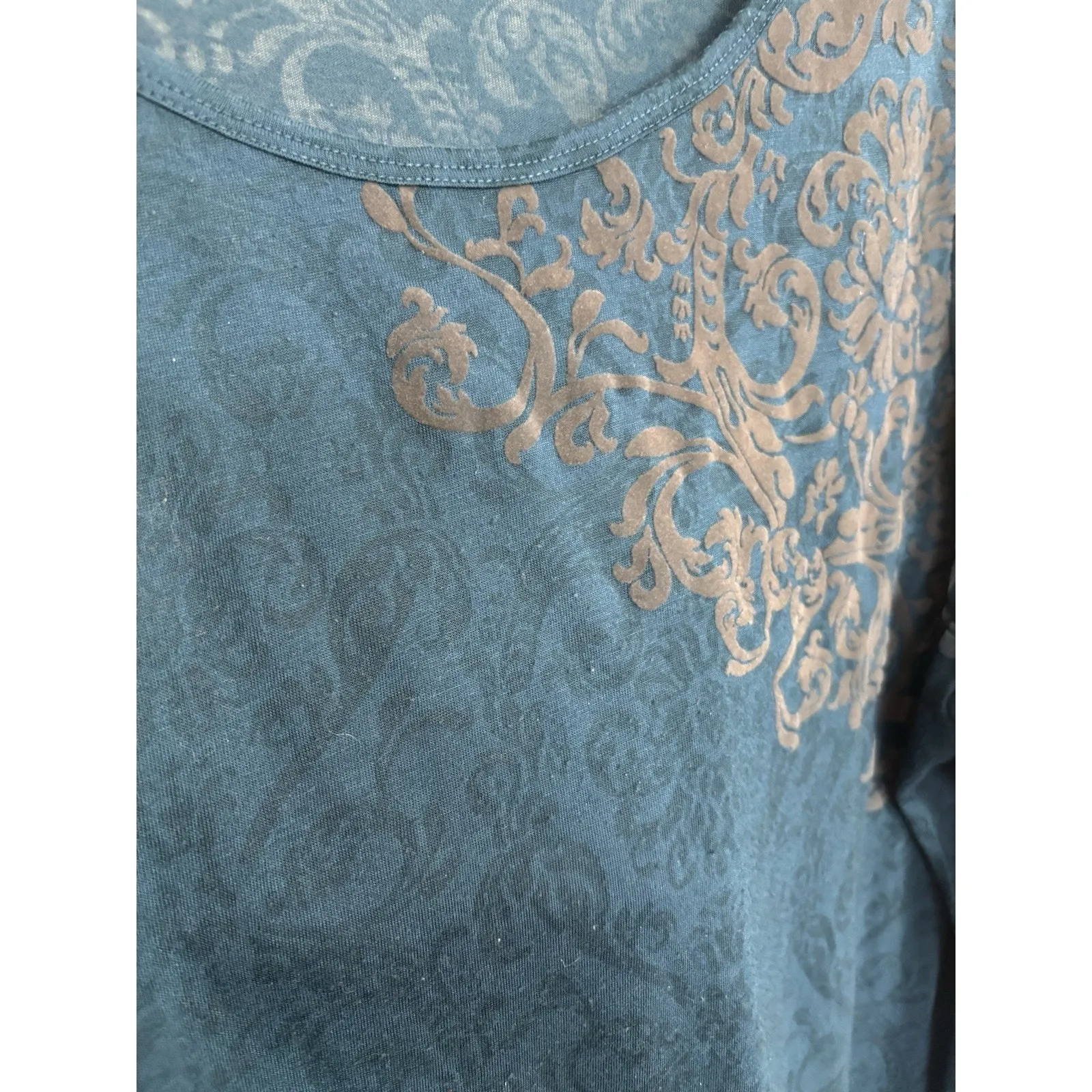 Velvet Burnout Teal Semi Sheer Long Sleeve Top Size XL Floral Paisley Comfy - Image 4