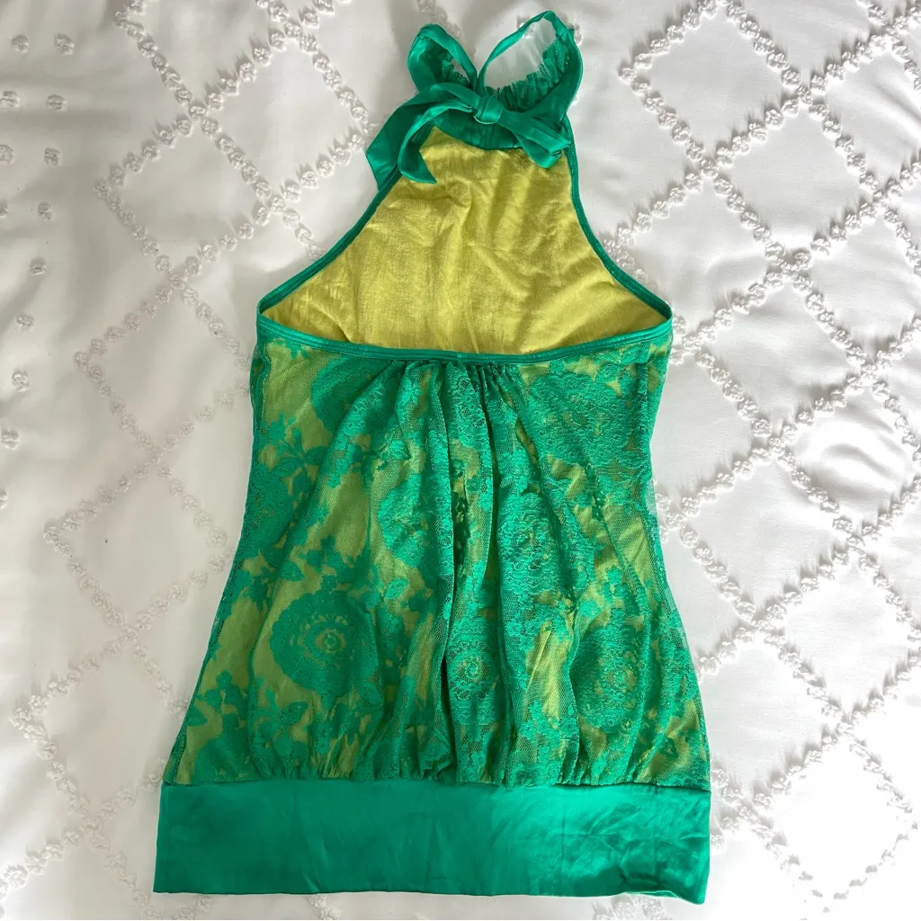 Y2K Bebe Lace Halter Top Green Silk 90s Slinky Rave Mermaid Vintage Party XXS - Image 5