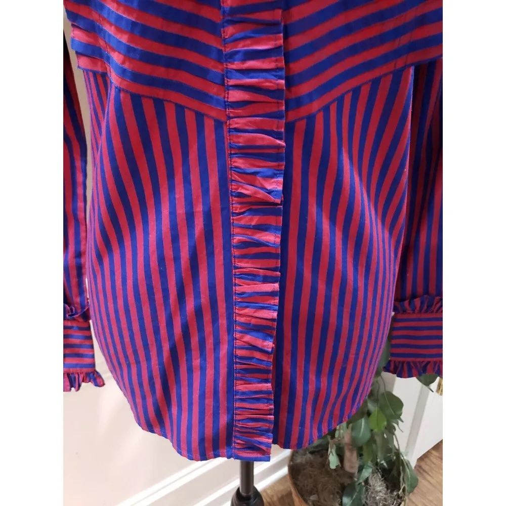 J. Crew Red & Blue Striped Long Sleeve Ruffle Trim Tuxedo Top Blouse XS - Image 3