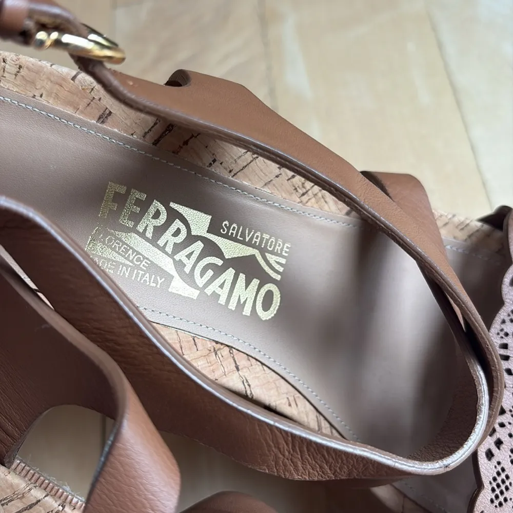 Salvatore Ferragamo Gioela Laser Cut Platform Leather Raffia Wedge Sandals 10 - Image 13