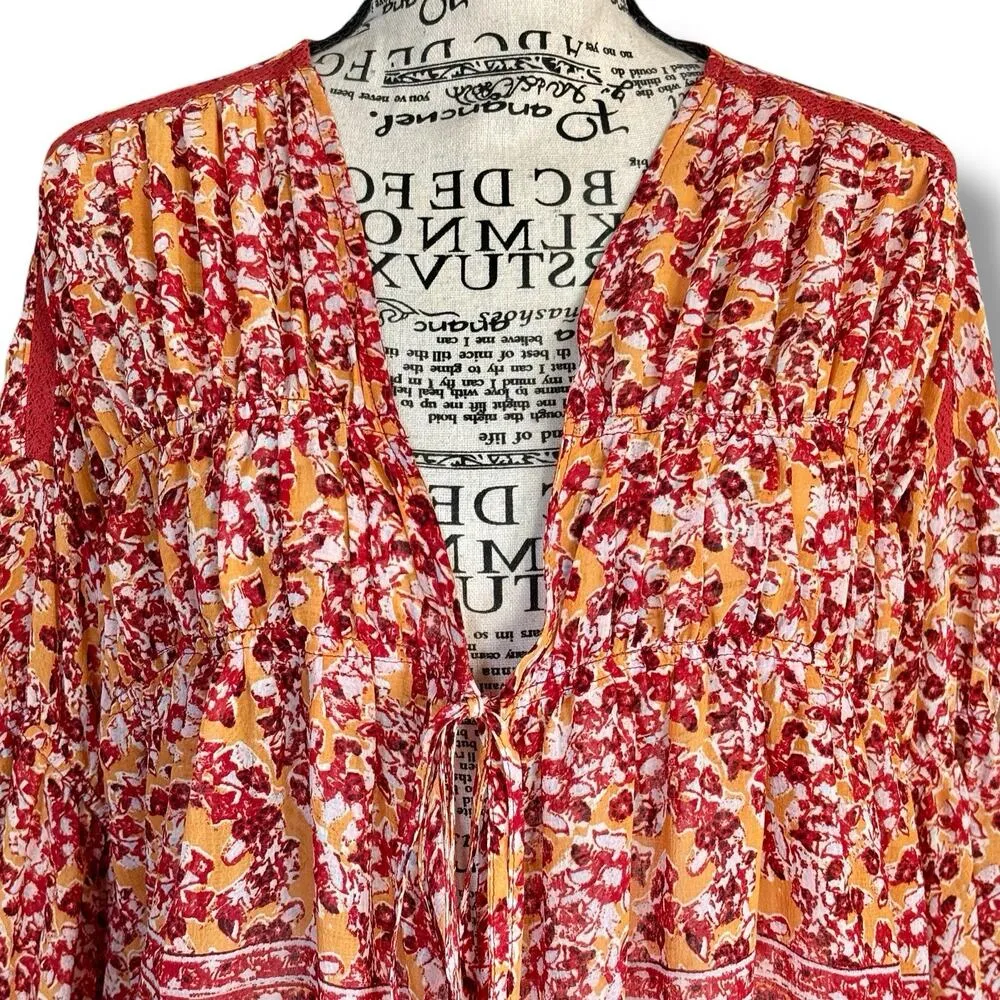 Free People Size M L Lorriane Boho Print Tie-Front Top Blouse Boho Festival - Image 4