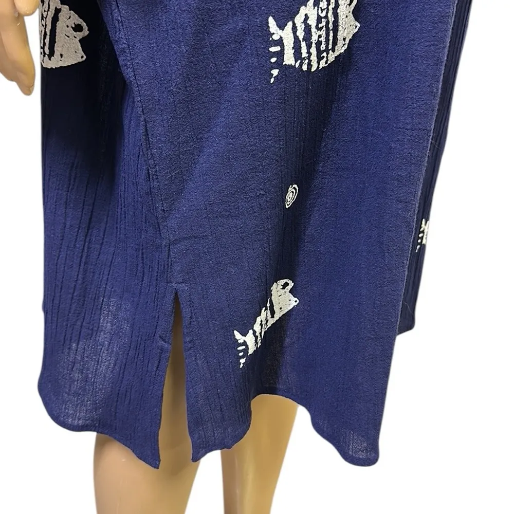 The Vermont Country Store Crepe Cotton Fish Print 3 Quarter Sleeve Midi Dress 2X Blue - Image 6