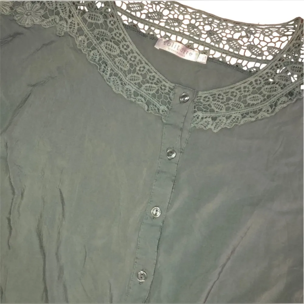 Solitaire Women's Blouse Button Tie Bottom Lace Accent - Image 3