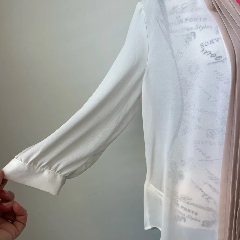 Ann Taylor Off-White w/ Beige & Pink Front Pleats 3/4 Sleeve Blouse Size Large - Image 4