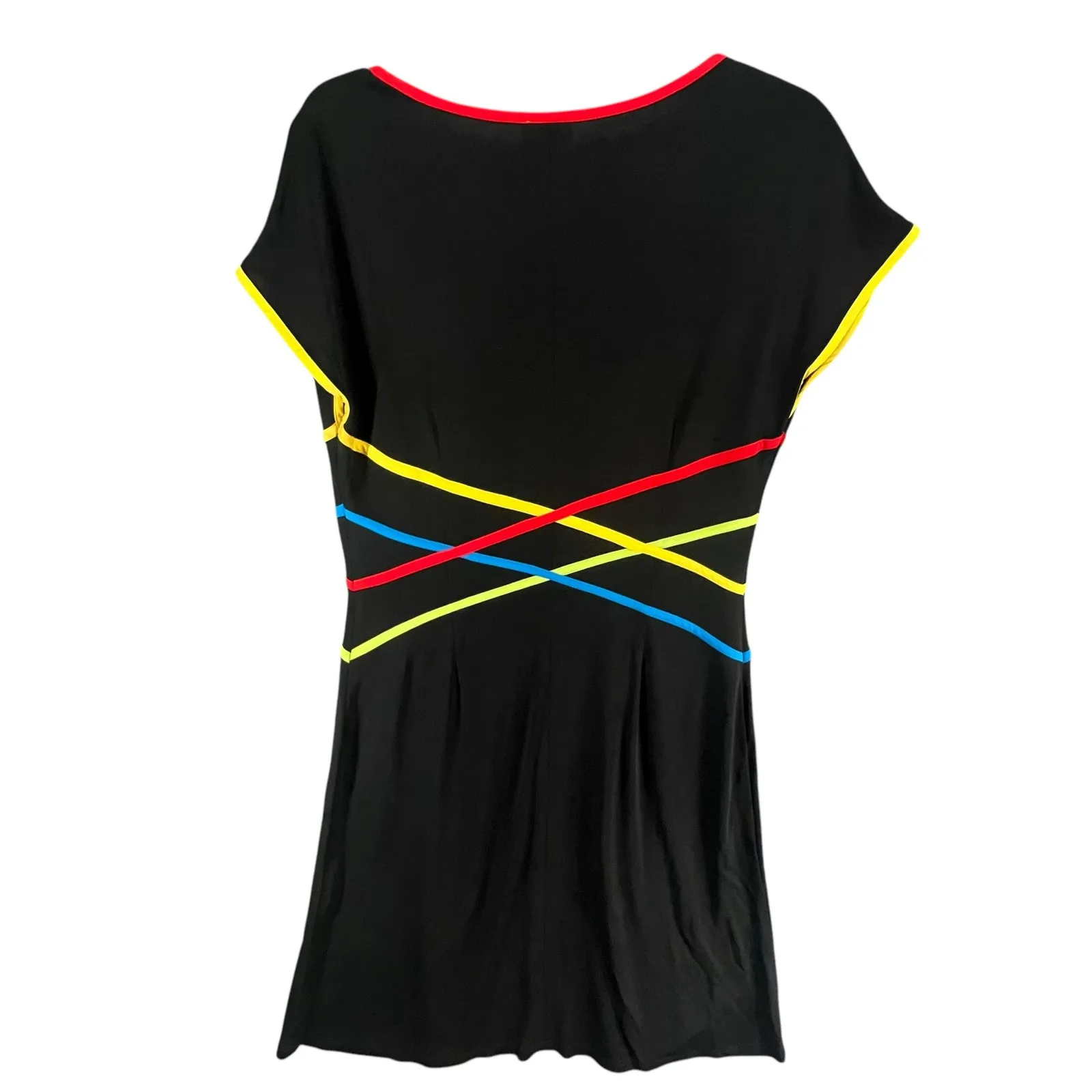 Citrine Shift Dress Women 12 Black Cap Sleeve Colorful Stripes Stretch Mod Retro - Image 8